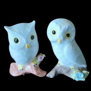 Vintage Mini Bone China White Owl Figurine Pair on Branch Napco